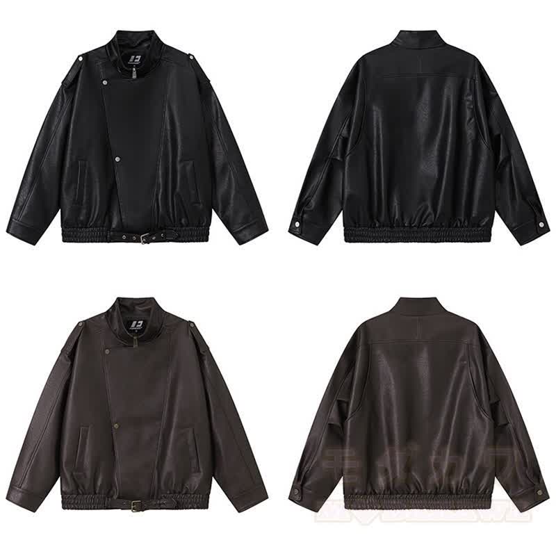 Vintage-Jacke aus Kunstleder mit asymmetrischem Revers, Reißverschluss und lockerem Schnitt - image 3