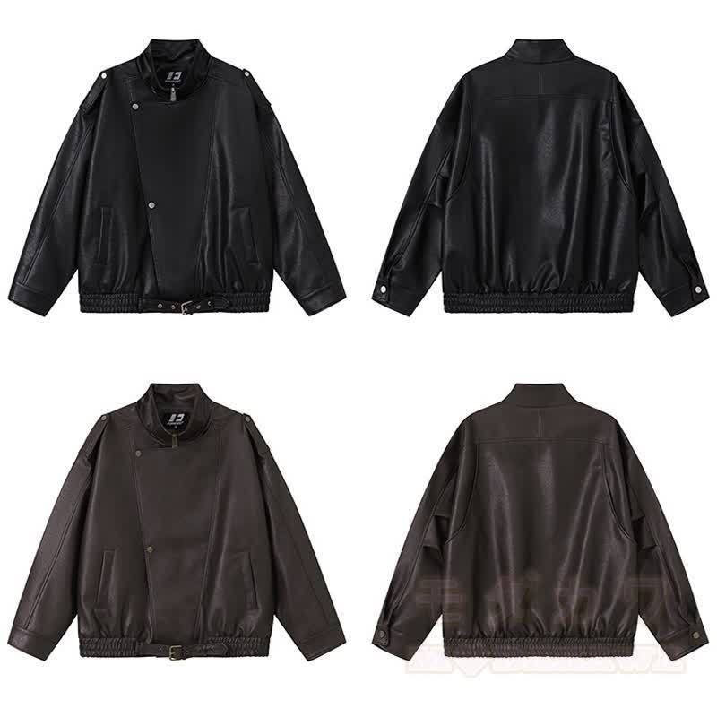 Vintage-Jacke aus Kunstleder mit asymmetrischem Revers, Reißverschluss und lockerem Schnitt - image 3