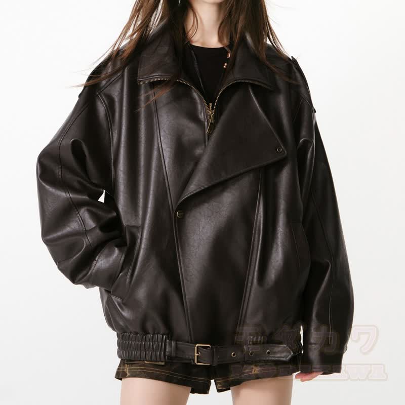 Vintage-Jacke aus Kunstleder mit asymmetrischem Revers, Reißverschluss und lockerem Schnitt - image 7