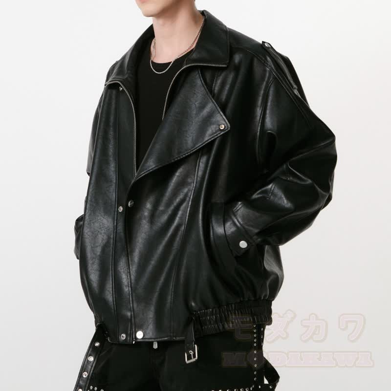 Vintage-Jacke aus Kunstleder mit asymmetrischem Revers, Reißverschluss und lockerem Schnitt - image 5