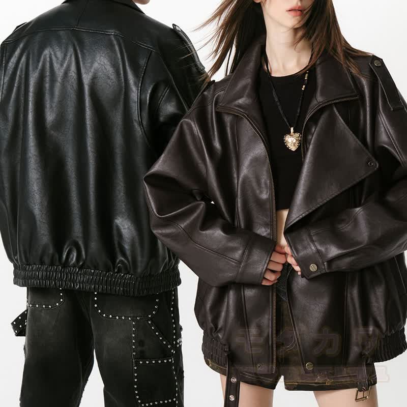 Vintage-Jacke aus Kunstleder mit asymmetrischem Revers, Reißverschluss und lockerem Schnitt - image 2