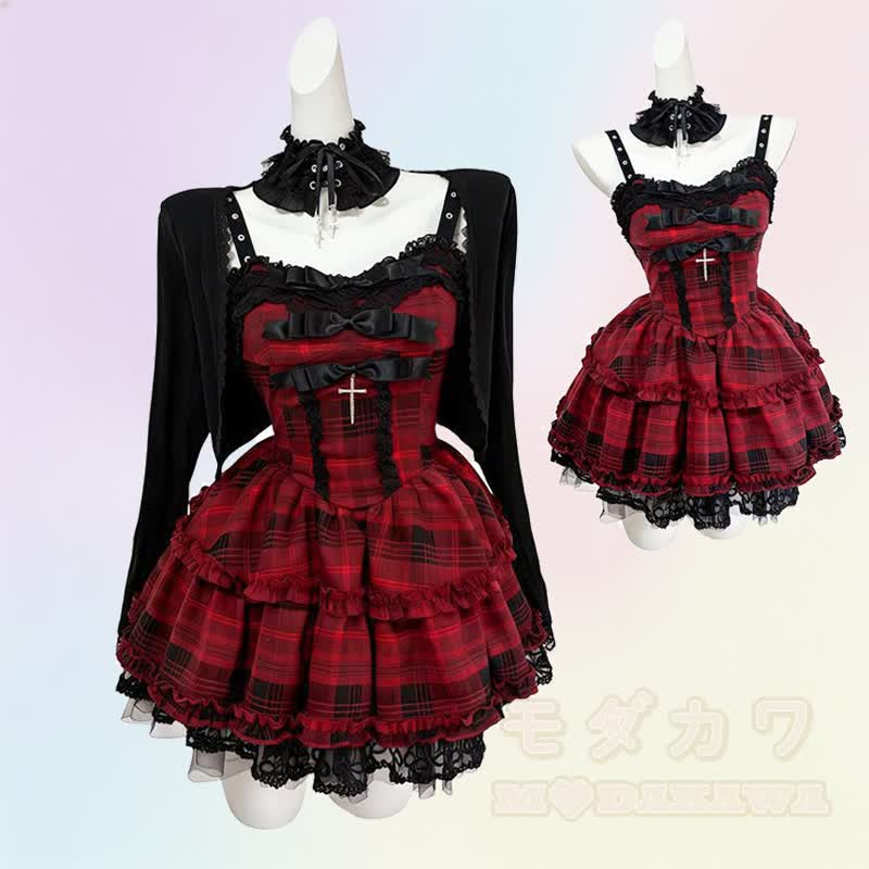 Süßes kariertes Spitzenkleid mit Rüschen und langärmeliger Strickjacke (zweiteiliges Set) - image 1