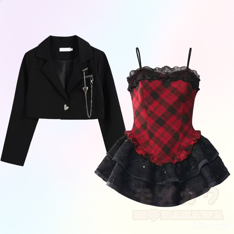 Zweiteiliges Set aus kurzem Gothic-Blazer und kariertem Spitzen-Camikleid - Satz - XL - image 1