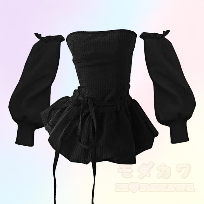 Süßes trägerloses, gerafftes Minikleid mit hohem Bund und ausgestelltem Rock - image 1