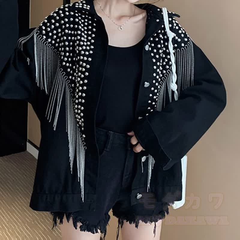 Vintage schwarze Jeansjacke mit Nieten und Quasten, locker geschnitten - Schwarz - 3XL - image 1
