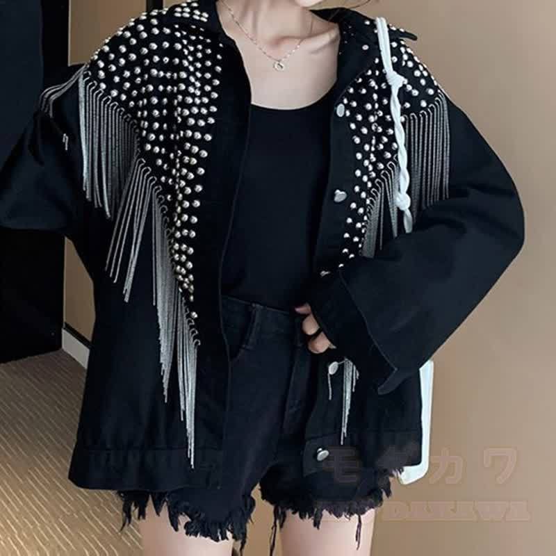 Vintage schwarze Jeansjacke mit Nieten und Quasten, locker geschnitten - Schwarz - 3XL - image 1