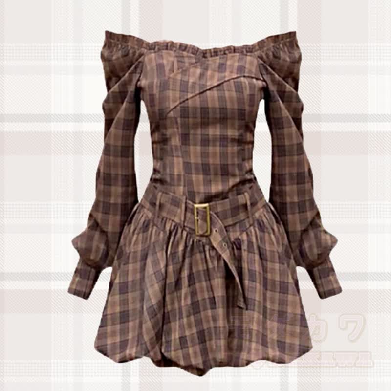 Vintage kariertes Minikleid mit schulterfreiem Schnitt, langen Ärmeln und Gürtel - Braun - XL - image 1