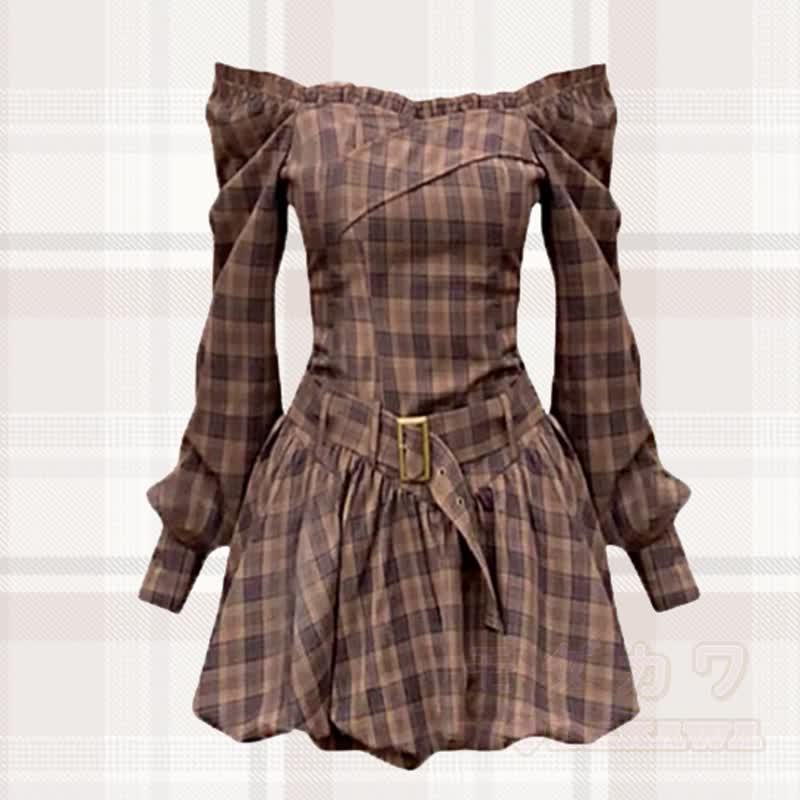Vintage kariertes Minikleid mit schulterfreiem Schnitt, langen Ärmeln und Gürtel - Braun - XL - image 1