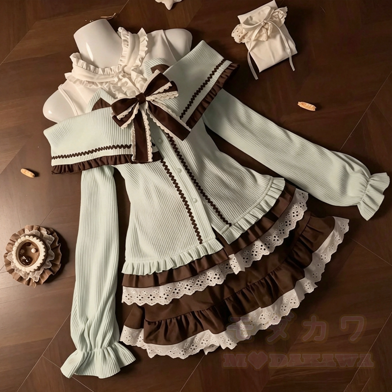Zweiteiliges Set: Süßer schulterfreier Strickpullover mit Schleife und Rüschenrock mit Spitze - Satz - XL - image 1