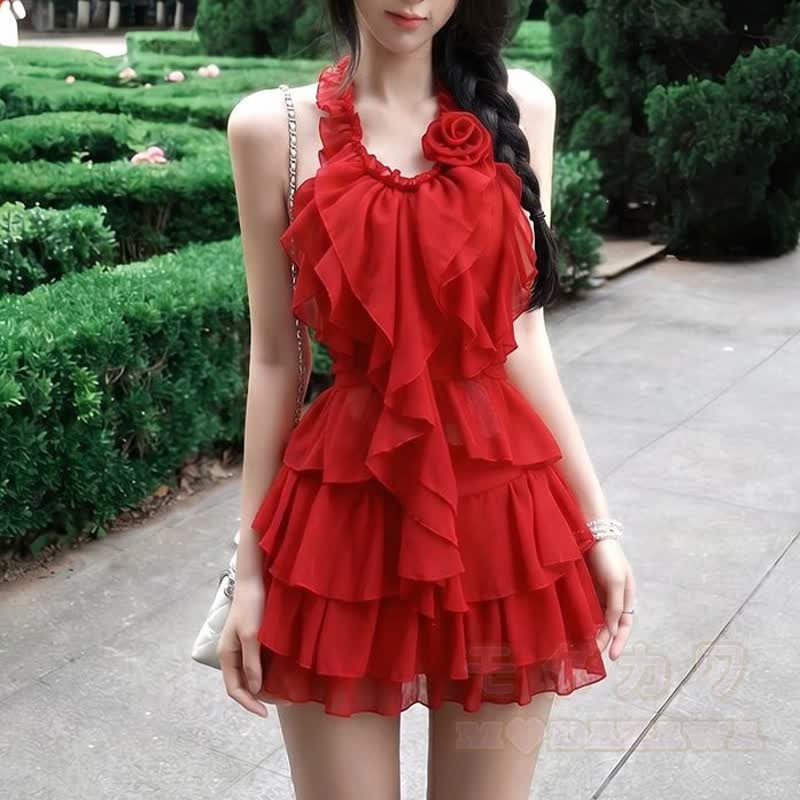 Dreiteiliges Set aus Chiffon-Haltertop und Rock mit langärmeligem Rüschen-Bolero - image 9