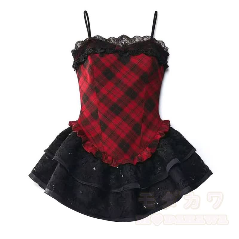 Zweiteiliges Set aus kurzem Gothic-Blazer und kariertem Spitzen-Camikleid - Kleid - XL - image 7