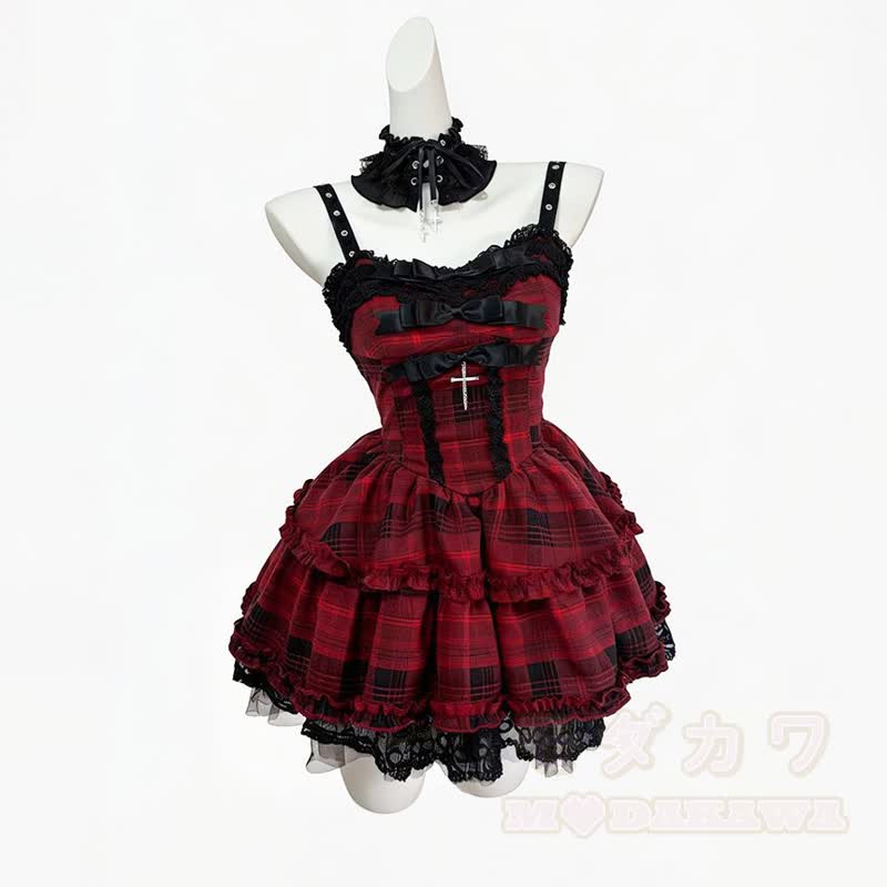 Süßes kariertes Spitzenkleid mit Rüschen und langärmeliger Strickjacke (zweiteiliges Set) - Kleid - XL - image 8
