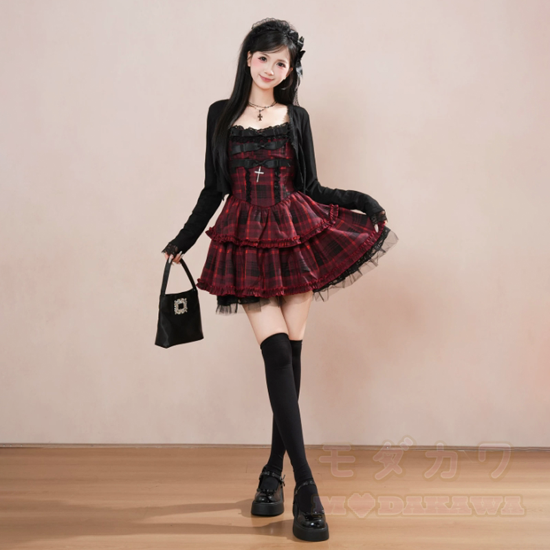 Süßes kariertes Spitzenkleid mit Rüschen und langärmeliger Strickjacke (zweiteiliges Set) - image 4
