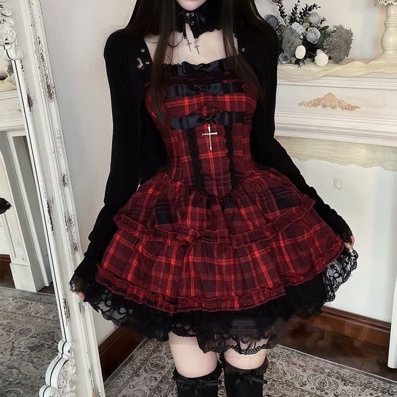 Süßes kariertes Spitzenkleid mit Rüschen und langärmeliger Strickjacke (zweiteiliges Set) - Strickjacke - XL - image 6