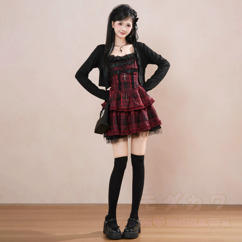 Süßes kariertes Spitzenkleid mit Rüschen und langärmeliger Strickjacke (zweiteiliges Set) - image 3