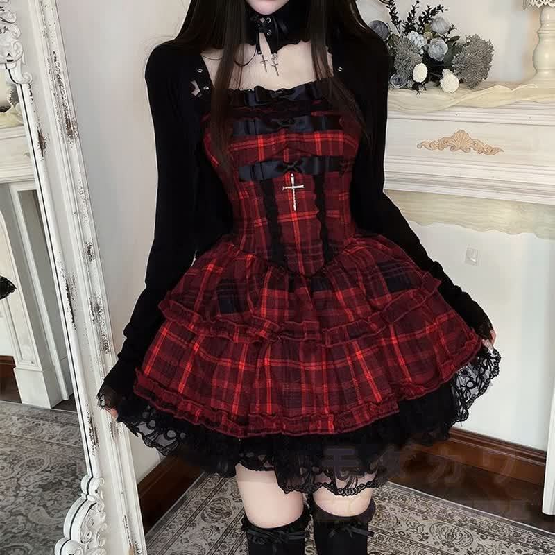 Süßes kariertes Spitzenkleid mit Rüschen und langärmeliger Strickjacke (zweiteiliges Set) - Strickjacke - XL - image 6