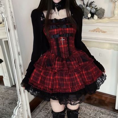 Süßes kariertes Spitzenkleid mit Rüschen und langärmeliger Strickjacke (zweiteiliges Set) - Strickjacke - XL - image 6