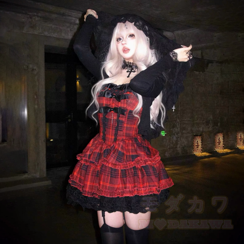 Süßes kariertes Spitzenkleid mit Rüschen und langärmeliger Strickjacke (zweiteiliges Set) - image 2