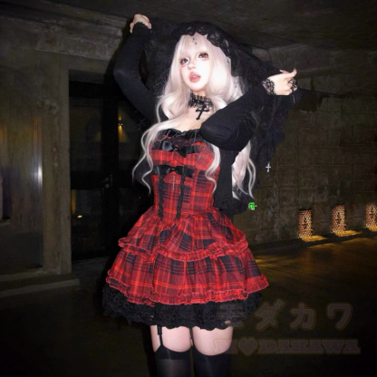 Süßes kariertes Spitzenkleid mit Rüschen und langärmeliger Strickjacke (zweiteiliges Set) - image 2