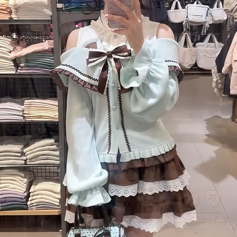 Zweiteiliges Set: Süßer schulterfreier Strickpullover mit Schleife und Rüschenrock mit Spitze - image 2
