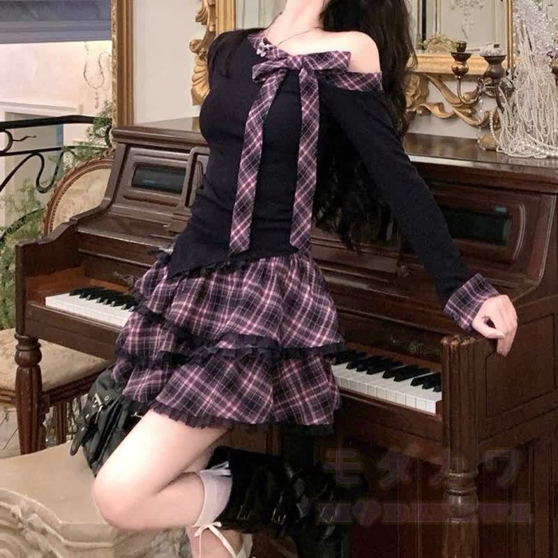Zweiteiliges Set: Schulterfreies Langarm-Top mit Schleife und kariertem Rüschenrock - image 2
