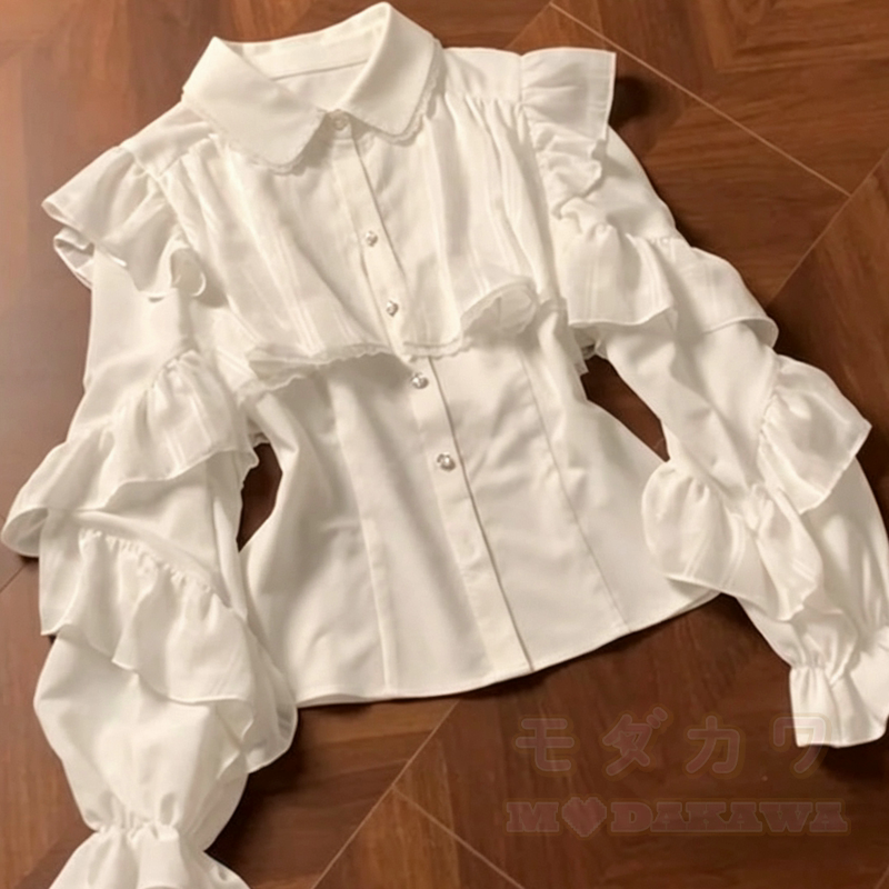 Zweiteiliges Set: Langarmbluse mit Rüschen und Schleife aus Spitze und kariertem Stufenrock - Spitze - XL - image 4