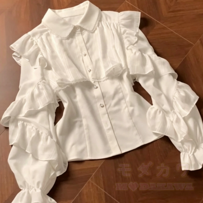 Zweiteiliges Set: Langarmbluse mit Rüschen und Schleife aus Spitze und kariertem Stufenrock - Spitze - XL - image 4