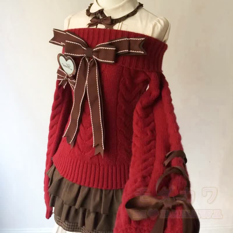 Zweiteiliges Set: Schulterfreier Zopfstrickpullover mit Schleife, hochtaillierter Rüschenrock und zweiteiliges Set - image 3