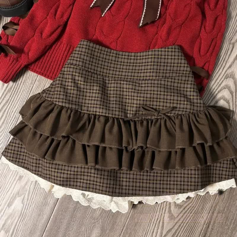 Zweiteiliges Set: Schulterfreier Zopfstrickpullover mit Schleife, hochtaillierter Rüschenrock und zweiteiliges Set - Rock - 2XL - image 6