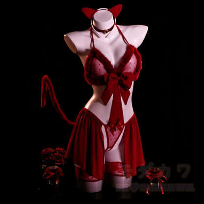 Sexy Cat Bell Halter Bodysuit Cosplay Dessous Nachtwäsche Set - Rotes Set - One Size - image 1