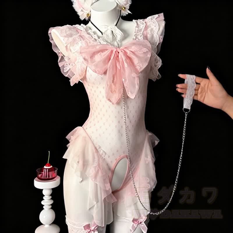 Sexy Spitzen-Schleifen-Mesh-Maid-Body Cosplay Dessous Nachtwäsche - Rosa - One Size - image 1