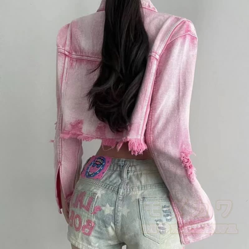 Vintage-Jeansjacke in Pink mit Used-Look und kurzem Schnitt - image 3