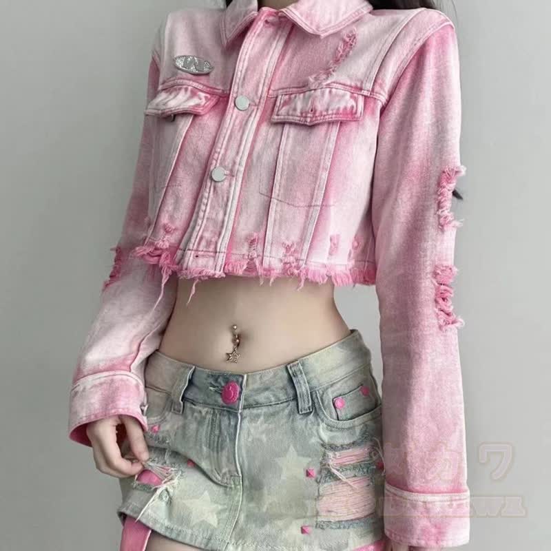 Vintage-Jeansjacke in Pink mit Used-Look und kurzem Schnitt - image 2
