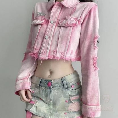 Vintage-Jeansjacke in Pink mit Used-Look und kurzem Schnitt - image 2