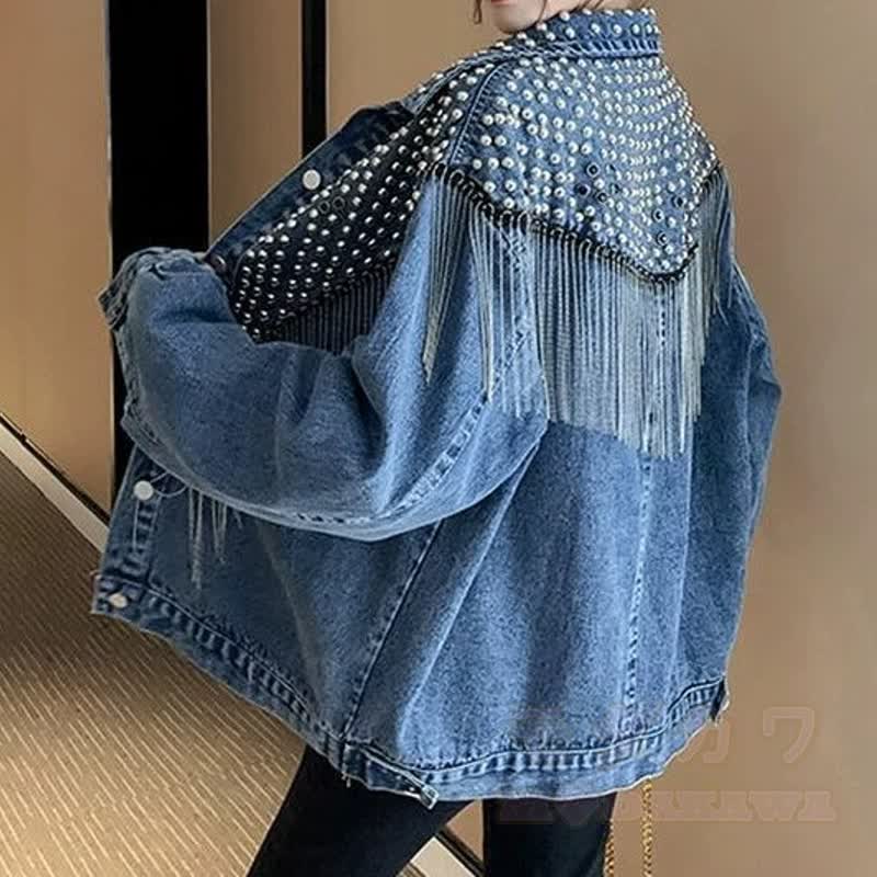 Vintage schwarze Jeansjacke mit Nieten und Quasten, locker geschnitten - image 5