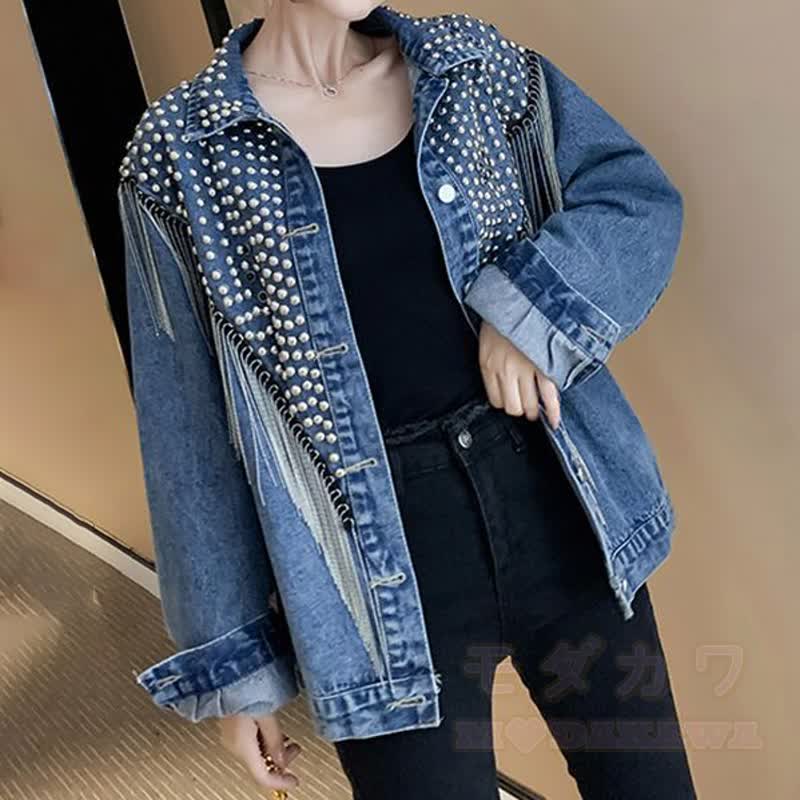 Vintage schwarze Jeansjacke mit Nieten und Quasten, locker geschnitten - Blau - 3XL - image 4