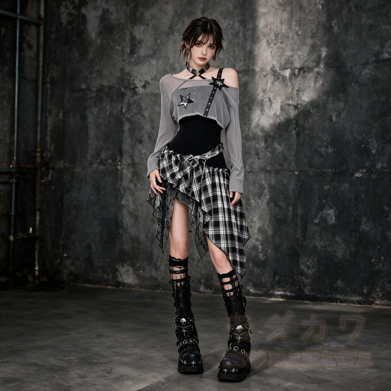 Gothic-Kleid mit transparentem Netzoberteil und Karomuster, zweiteilig - image 2
