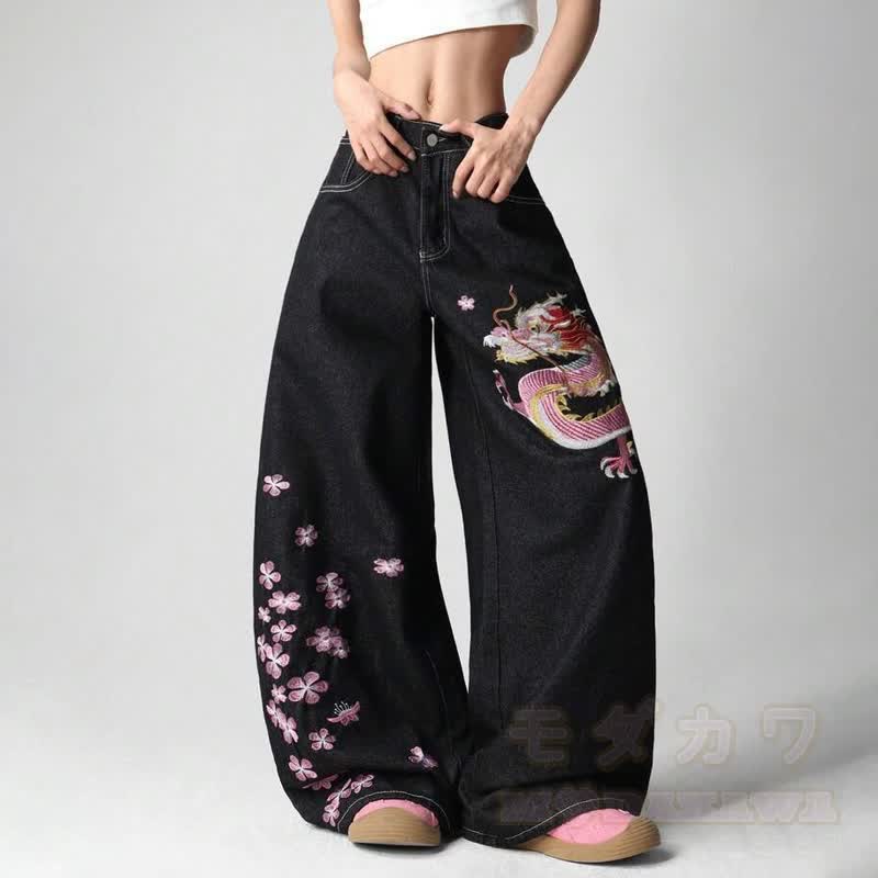 Vintage Jeans mit Drachen- und Blumenmuster und weitem Bein - Schwarz - XL - image 1