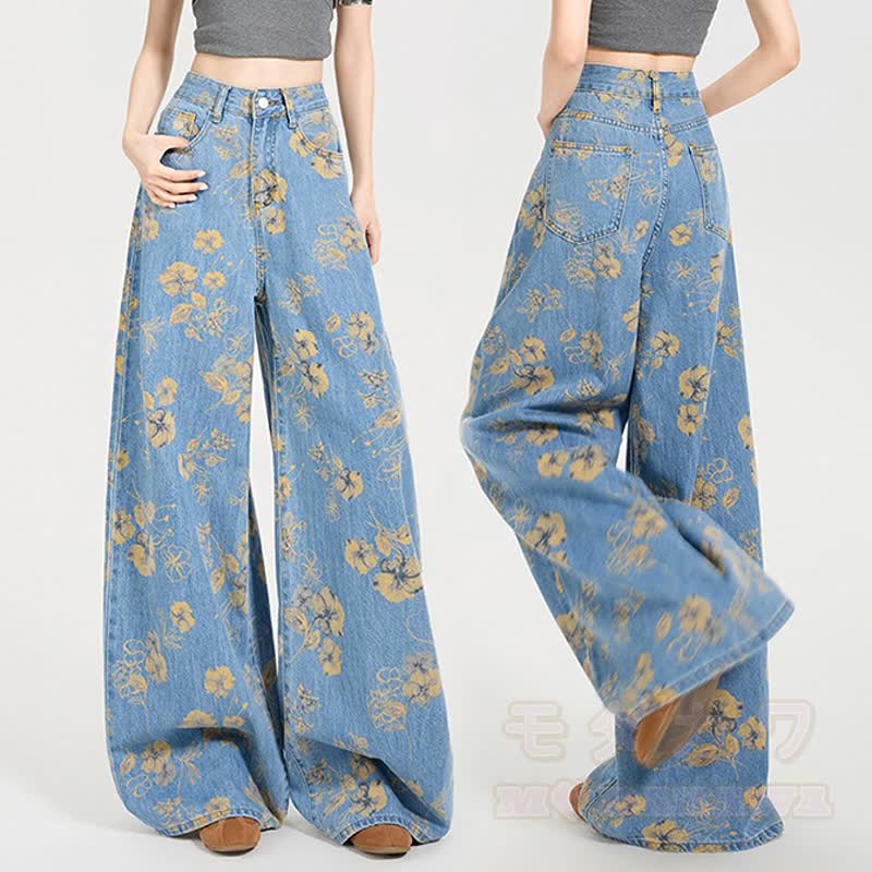 Vintage-Jeans mit Blumenmuster, hohem Bund und weitem Bein - image 1