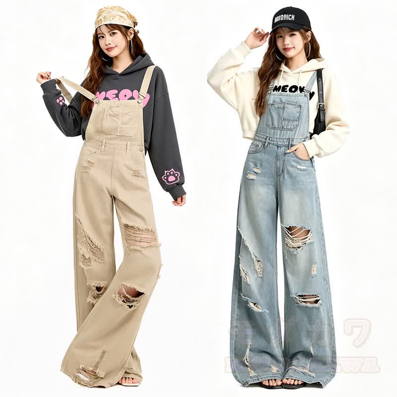 Vintage-Set aus kurzem Hoodie mit Katzenpfotenprint und zerrissener Jeanslatzhose - image 1
