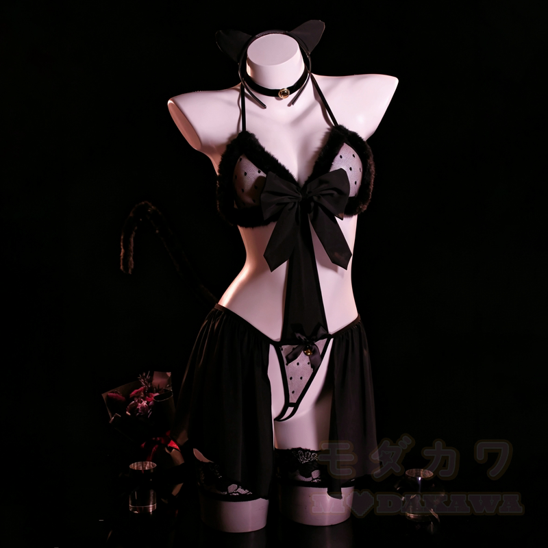 Sexy Cat Bell Halter Bodysuit Cosplay Dessous Nachtwäsche Set - Schwarzes Set - One Size - image 6