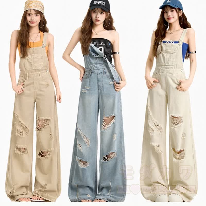 Vintage-Set aus kurzem Hoodie mit Katzenpfotenprint und zerrissener Jeanslatzhose - image 2