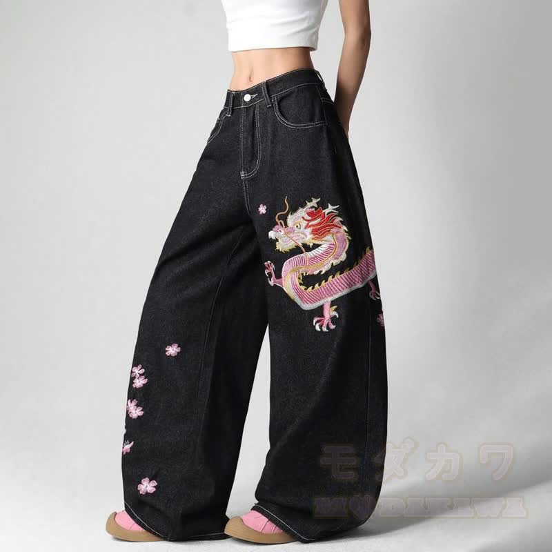 Vintage Jeans mit Drachen- und Blumenmuster und weitem Bein - image 2