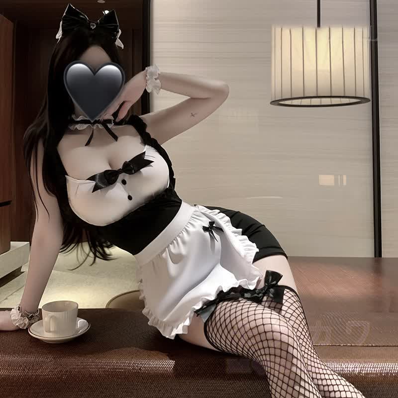 Sexy Schwarz-Weißes Dienstmädchen-Kostüm Cosplay Dessous-Set - Weiß - One Size - image 1