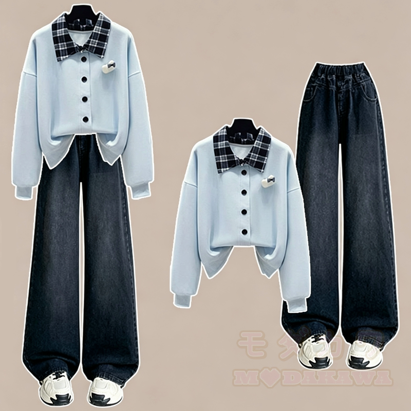 Zweiteiliges Set aus kariertem, kurzem Sweatshirt mit Patchwork-Ausschnitt und Jeans - Blaues Set - 2XL - image 1