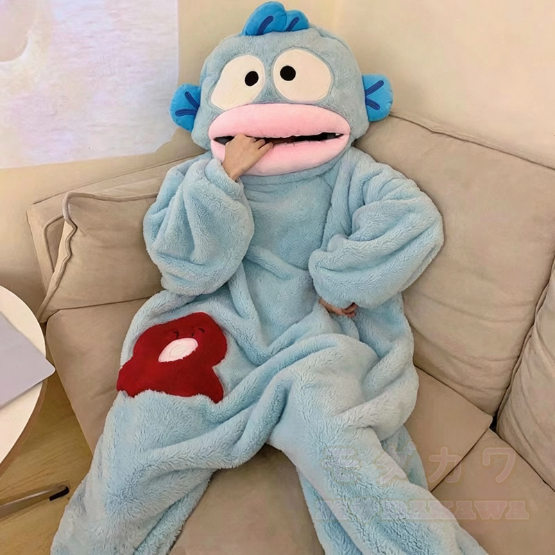 Niedlicher Fleece-Einteiler mit Kapuze und Fischmotiv – Schlafanzug/Loungewear - Blau - 2XL - image 1