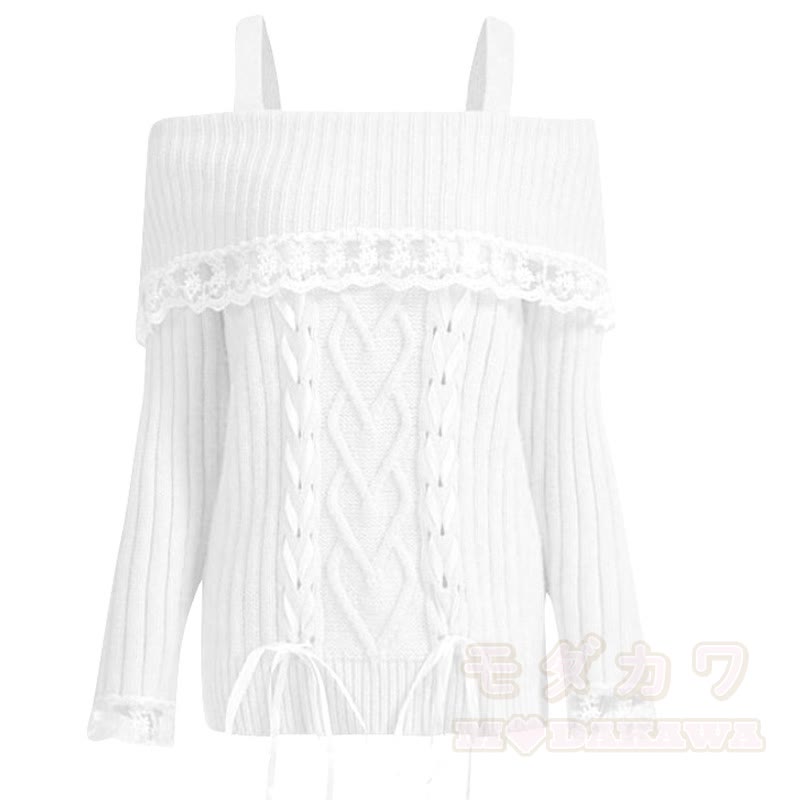 Zweiteiliges Set: Top mit Spitzenbesatz, schulterfrei, Zopfmuster, Rüschenrock mit Stufenrock - Weißes Oberteil - XL - image 3