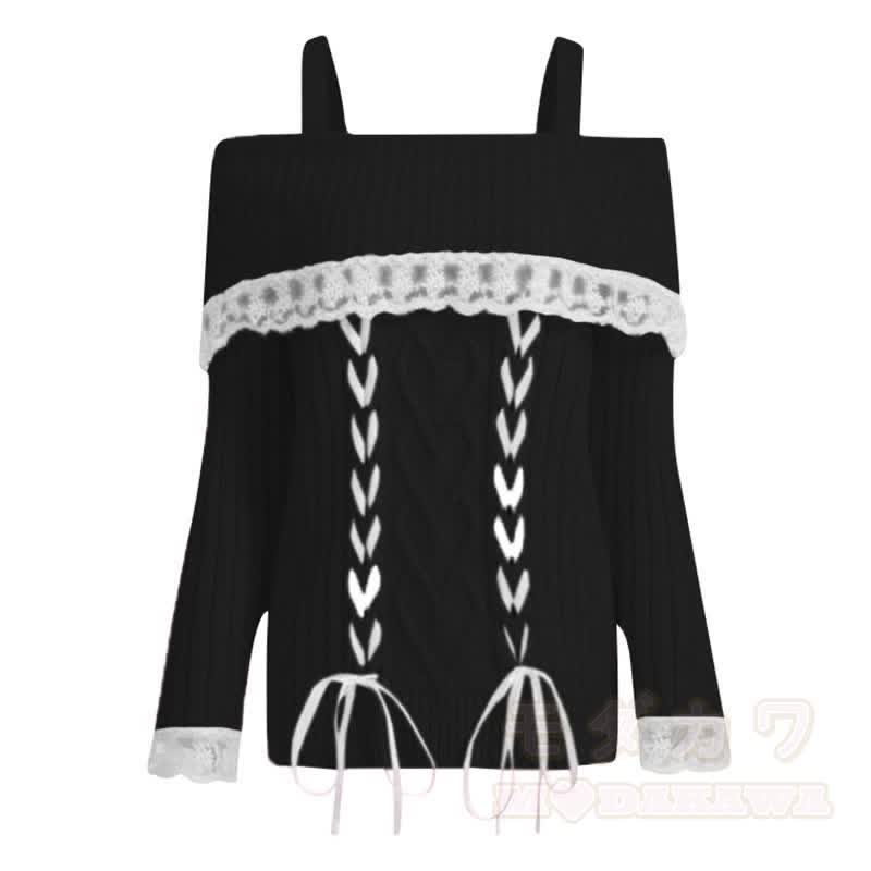 Zweiteiliges Set: Top mit Spitzenbesatz, schulterfrei, Zopfmuster, Rüschenrock mit Stufenrock - Schwarzes Oberteil - XL - image 2