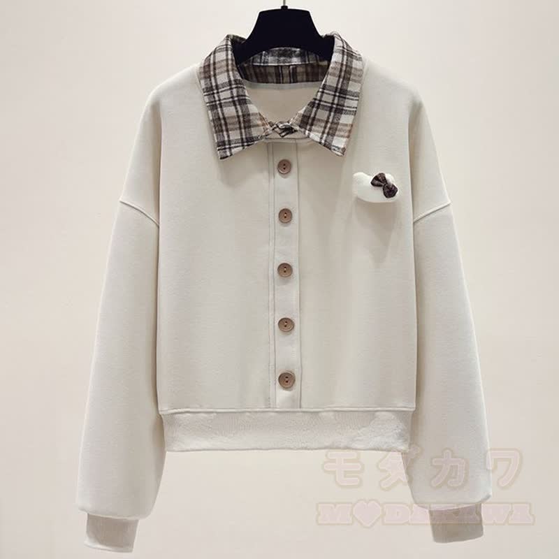 Zweiteiliges Set aus kariertem, kurzem Sweatshirt mit Patchwork-Ausschnitt und Jeans - Beige Top - 2XL - image 6