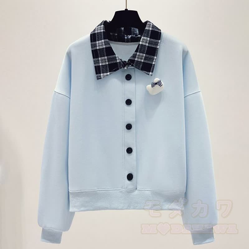 Zweiteiliges Set aus kariertem, kurzem Sweatshirt mit Patchwork-Ausschnitt und Jeans - Blaues Oberteil - 2XL - image 5